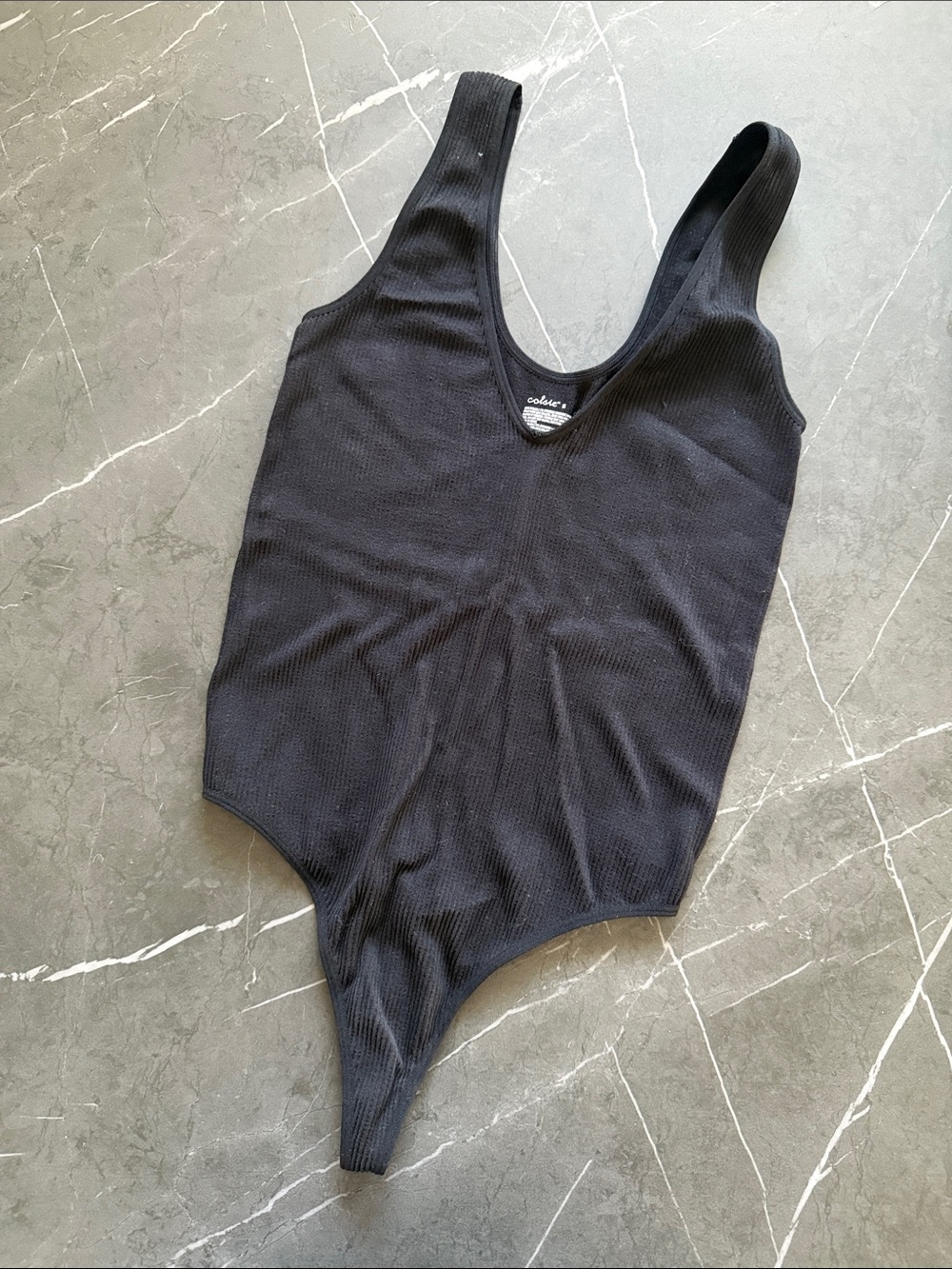 Colsie Black Ribbed Thong One-Piece Bodysuit